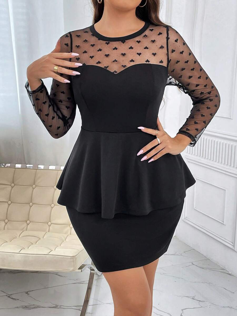 SHEIN Privé Plus Contrast Mesh Peplum Top & Bodycon Skirt | SHEIN