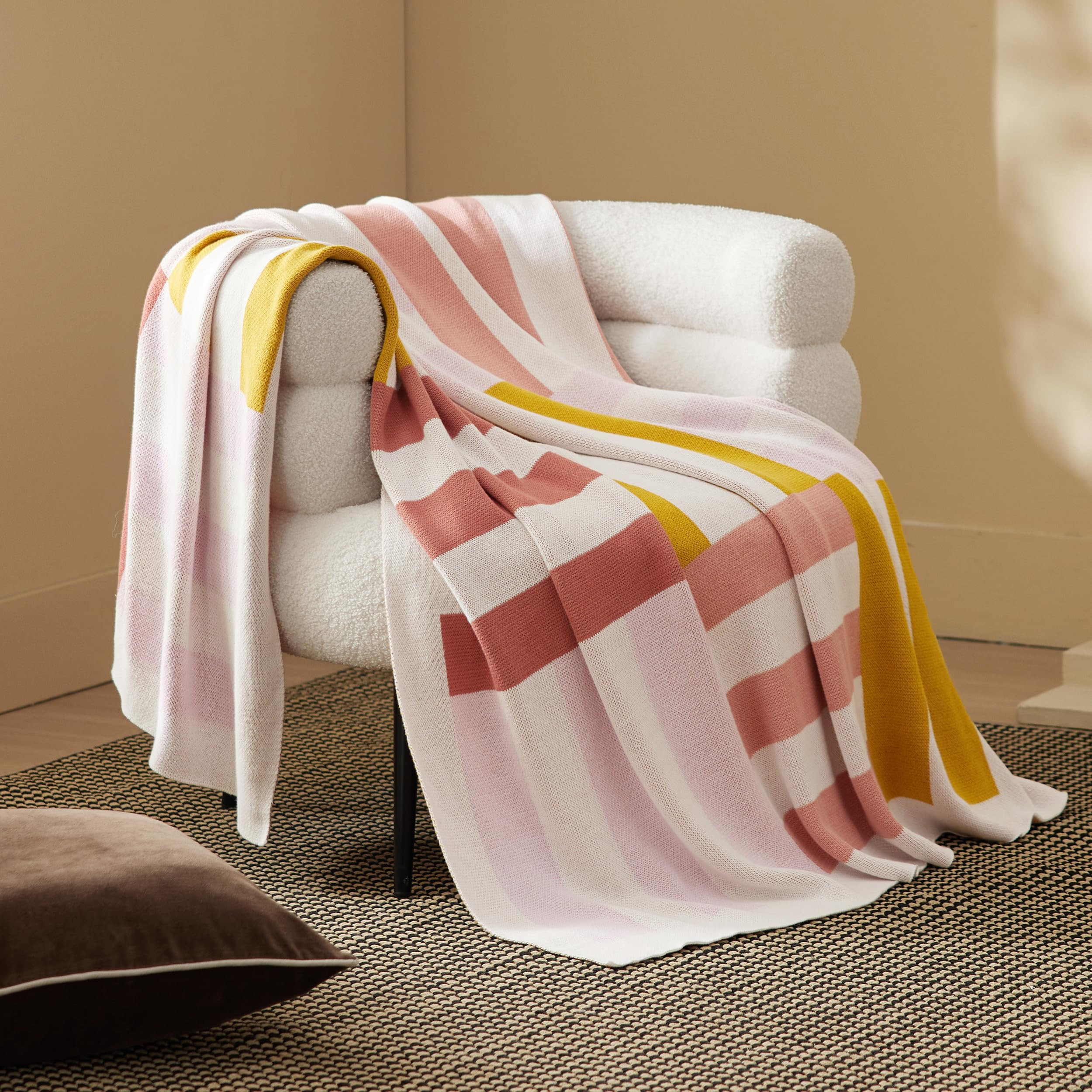 Double Stitch 100% Cotton Throw Blanket - Soft Knit Throw for Couch, Geometric Pattern, Cozy Luxu... | Amazon (US)