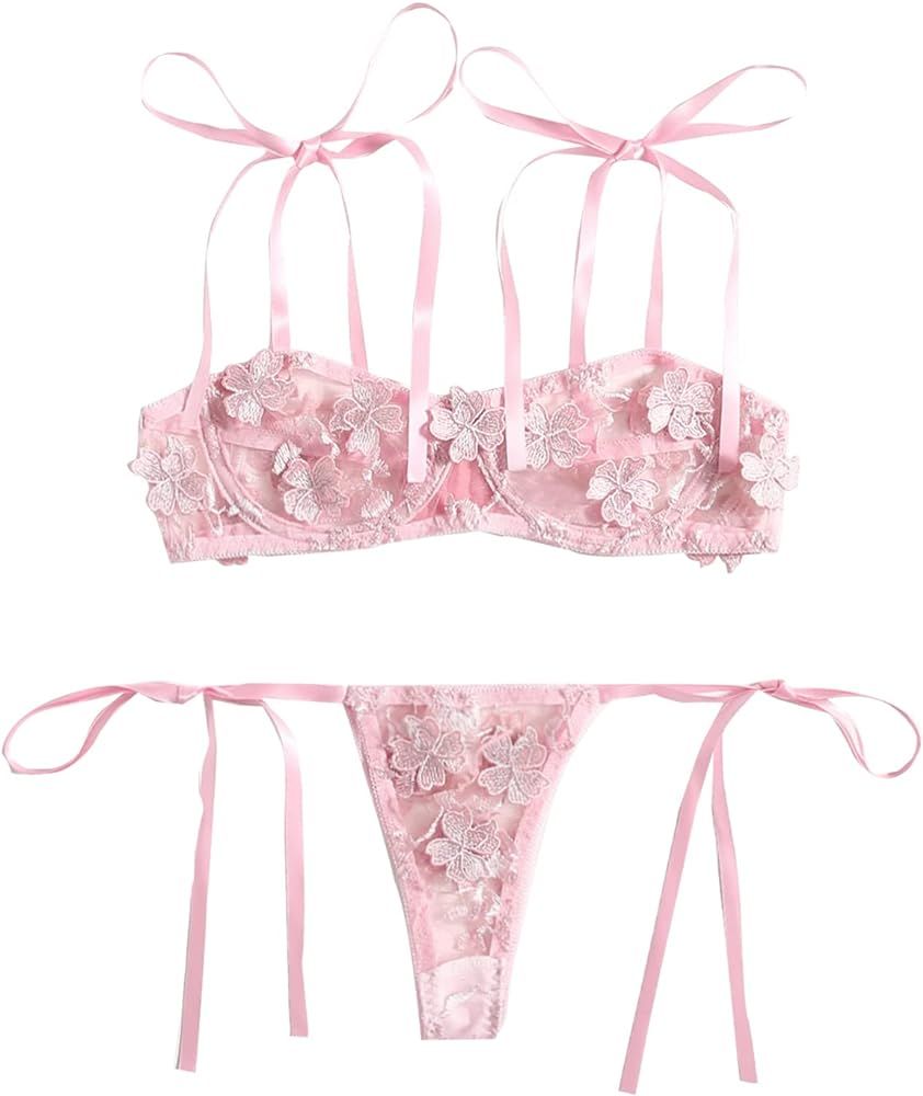 SheIn Women's Floral Mesh Underwire Bra Side Tie Panty Set Two Pieces Lingerie Set | Amazon (US)