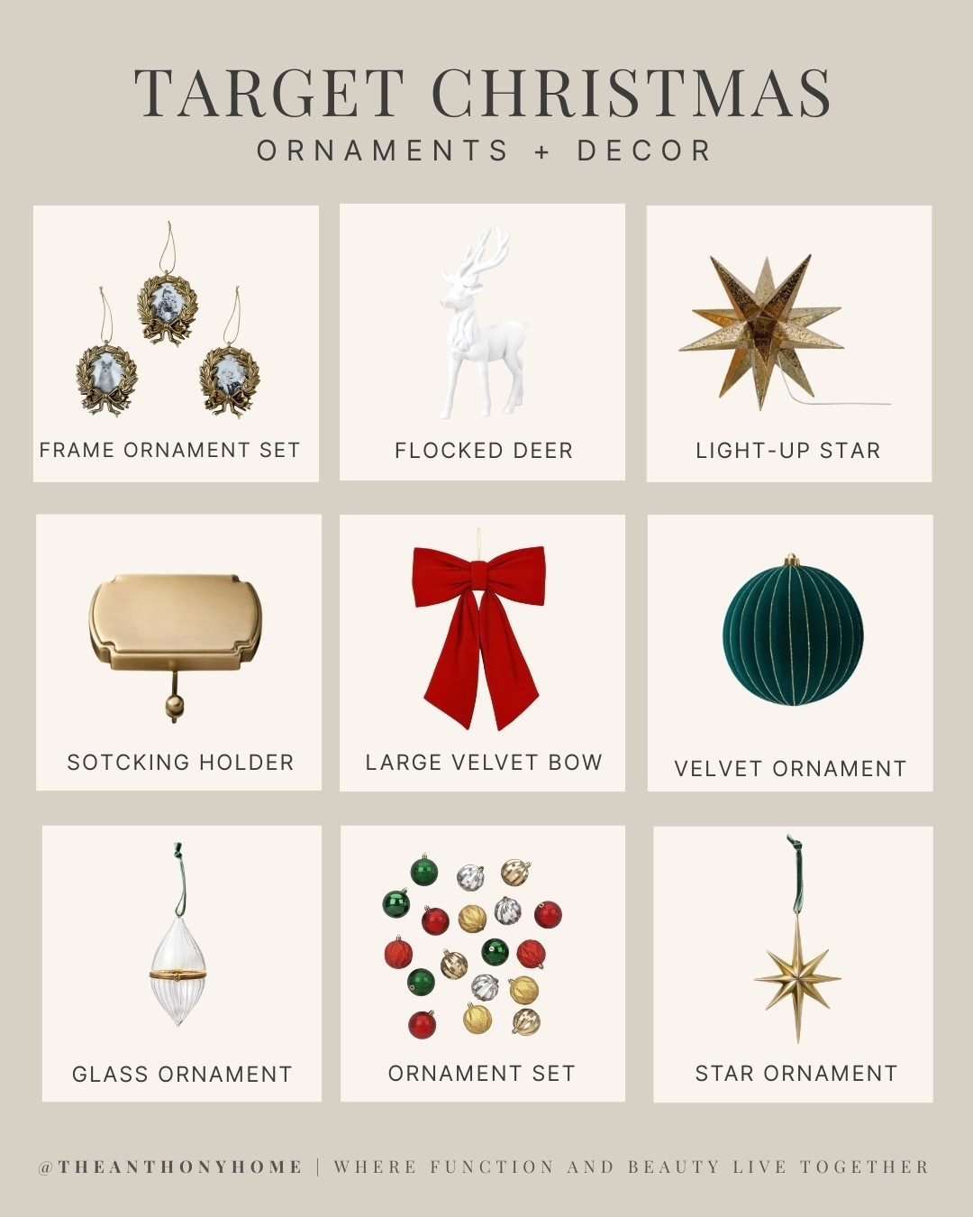 TARGET CHRISTMAS: 
ORNAMENTS & LITTLE MOMENTS 🎄

Velvet, brass, and a few heirloom vibes. These are the small touches that make your tree + mantelscape feel styled, not stuffed.

Favorites:
• Cameo ornament set (vintage look)
• Flocked deer figurine (bookshelf/cabinet star)
• Light-up glass star (tree topper or bowl filler)
• Brass stocking holder (clean lines)
• Large velvet bow (on mirrors, cabinets, wreaths)
• Emerald velvet ball ornament (rich + classic)
• Glass drop ornament (adds sparkle)
• Mini ornament set (great for bowls/garlands)
• Gold starburst ornament (modern but warm)
Tip: Mix 2 textures per cluster—velvet + glass or brass + velvet.
Tap to shop the exact picks. 

#TargetChristmas #Ornaments #HolidayDecor


#LTKHoliday #LTKSeasonal #LTKHome