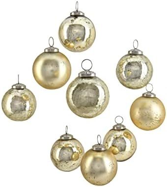 Serene Spaces Living Set of 9 Assorted Gold Glass Ball Ornaments for Christmas Tree, Holiday Deco... | Amazon (US)