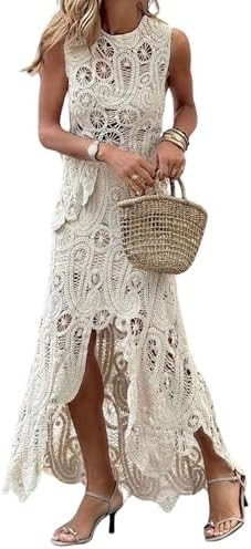 CHARTOU Women Two Pieces Skirt Sets Summer Cut Out Hi-Low Crochet Knit Long Dresses | Amazon (US)