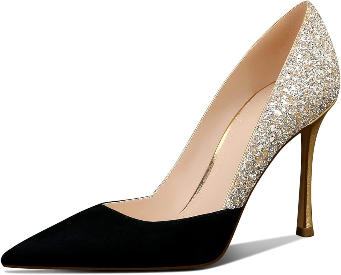 Women's Gold Classic Pointed Toe High Heels Stiletto Pumps with 3.35in Sparkly for Wedding,Party,... | Amazon (US)