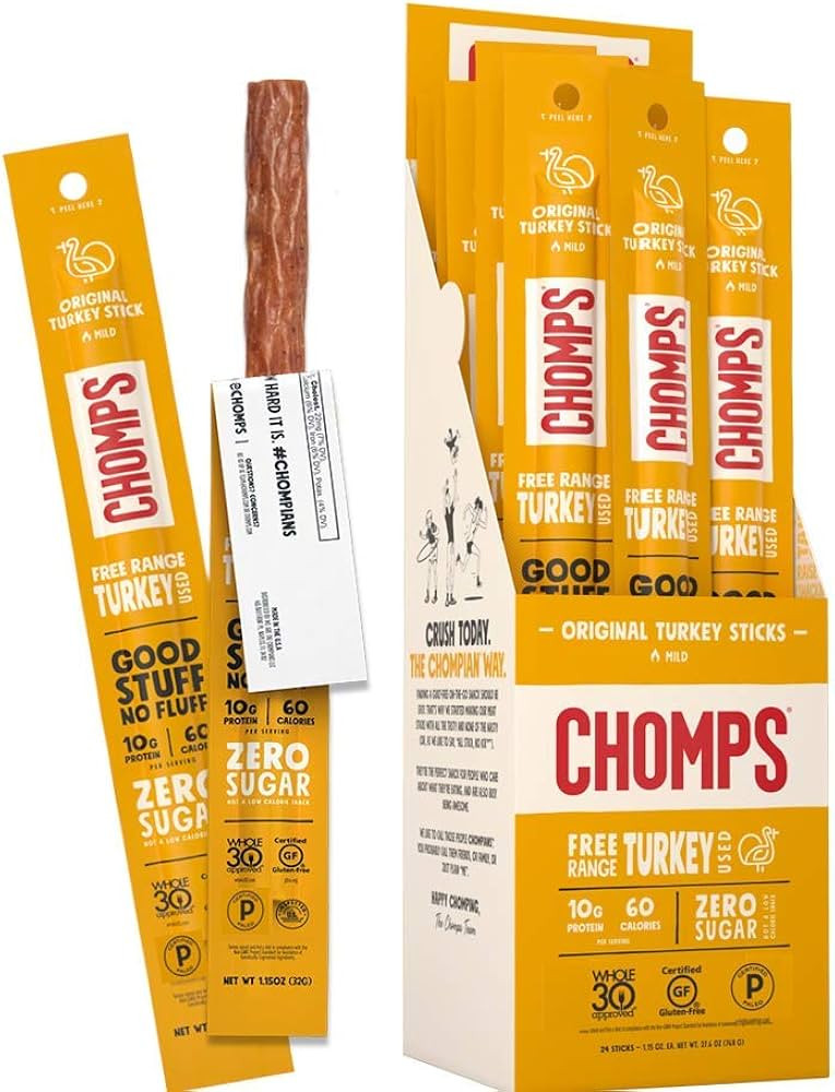 Chomps Free Range Jerky Snack Sticks Keto Paleo Whole30 Approved Gluten Free Sugar Free 60 Calori... | Amazon (US)