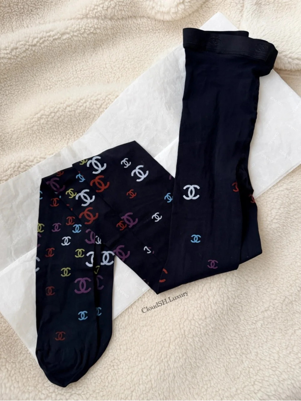 Auth Chanel Multicolor CC Logo Black Tights - One Size | Poshmark