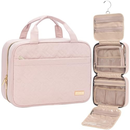 NISHEL Travel Toiletry Bag for women, Portable Hanging Organizer for Travel-Sized Shampoo, Conditioner, Brushes Set, makeup Accessories, Medium Size, Pink | Amazon (US)