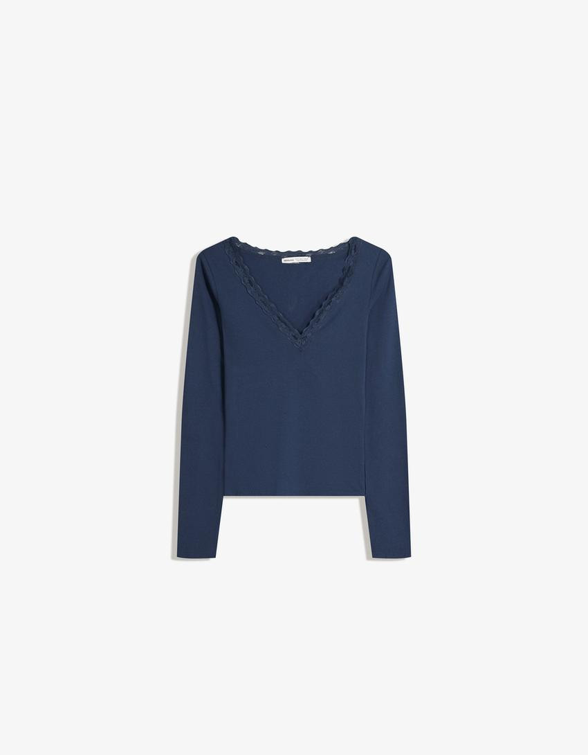 Langarmshirt mit Spitze - Damen | Bershka DE