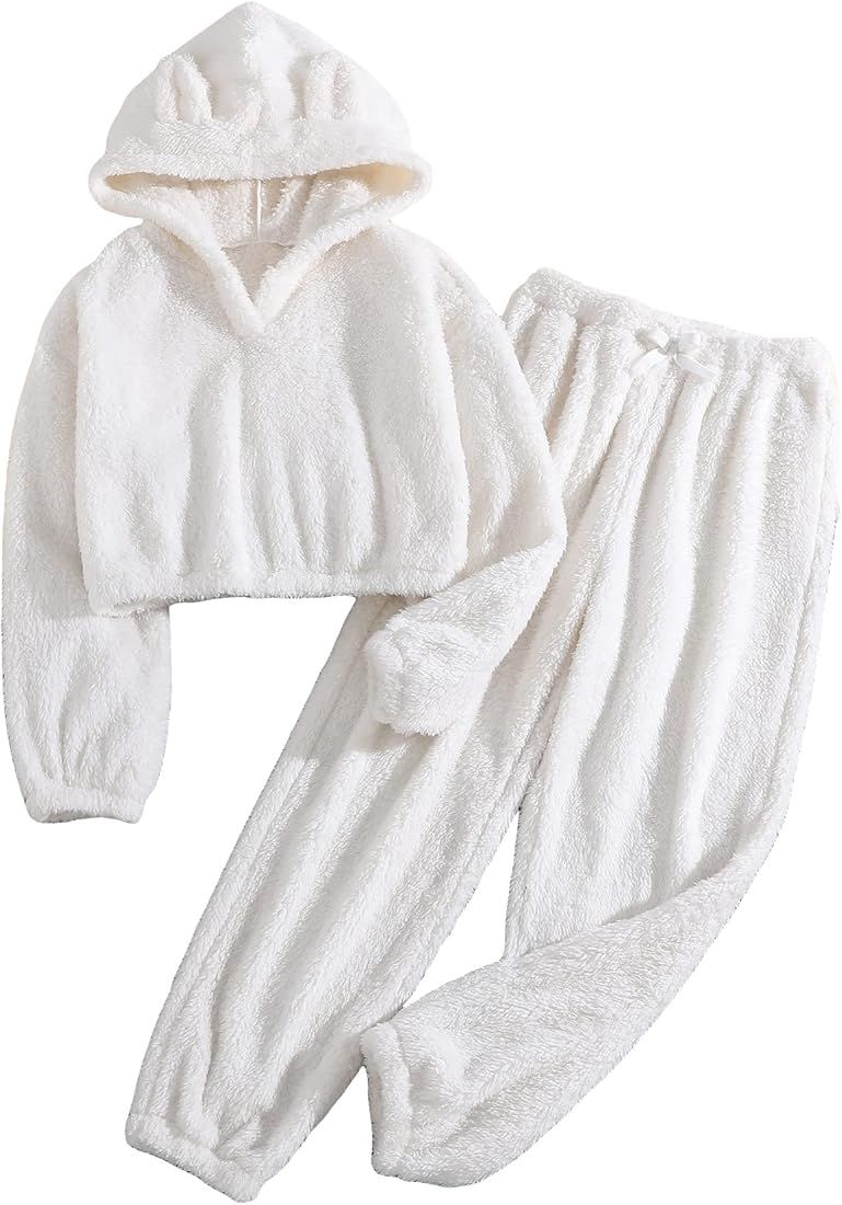 SOLY HUX Girl's Bear Ear Fuzzy Fluffy Drop Shoulder Hoodie Sweatshirt with Sweatpants Two Piece O... | Amazon (US)