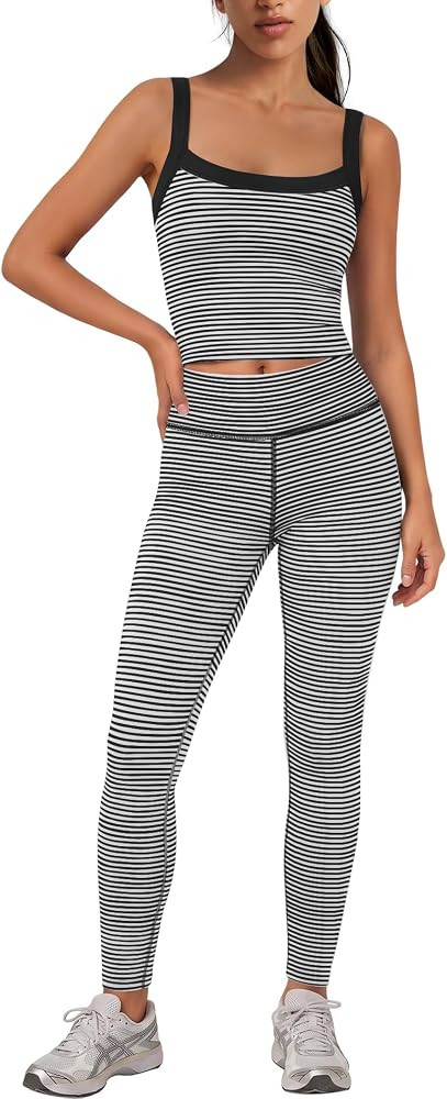 Panadila Womens Striped Workout Set Yoga Set Tank and Leggings     Spaghetti Strap Tank Top with ... | Amazon (US)