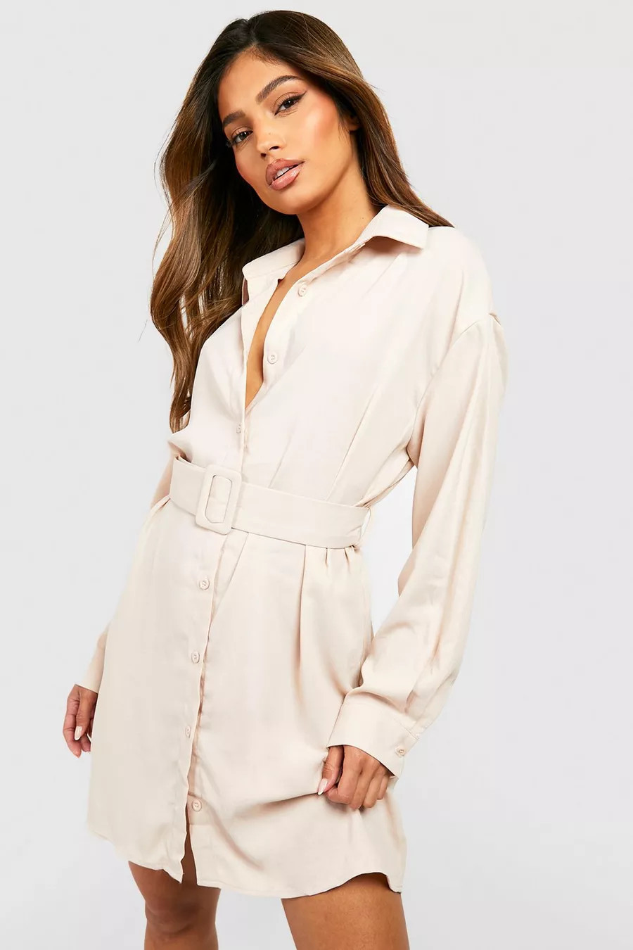 Belted Button-Down Long Sleeve Shirt Dress | Boohoo.com (US & CA)