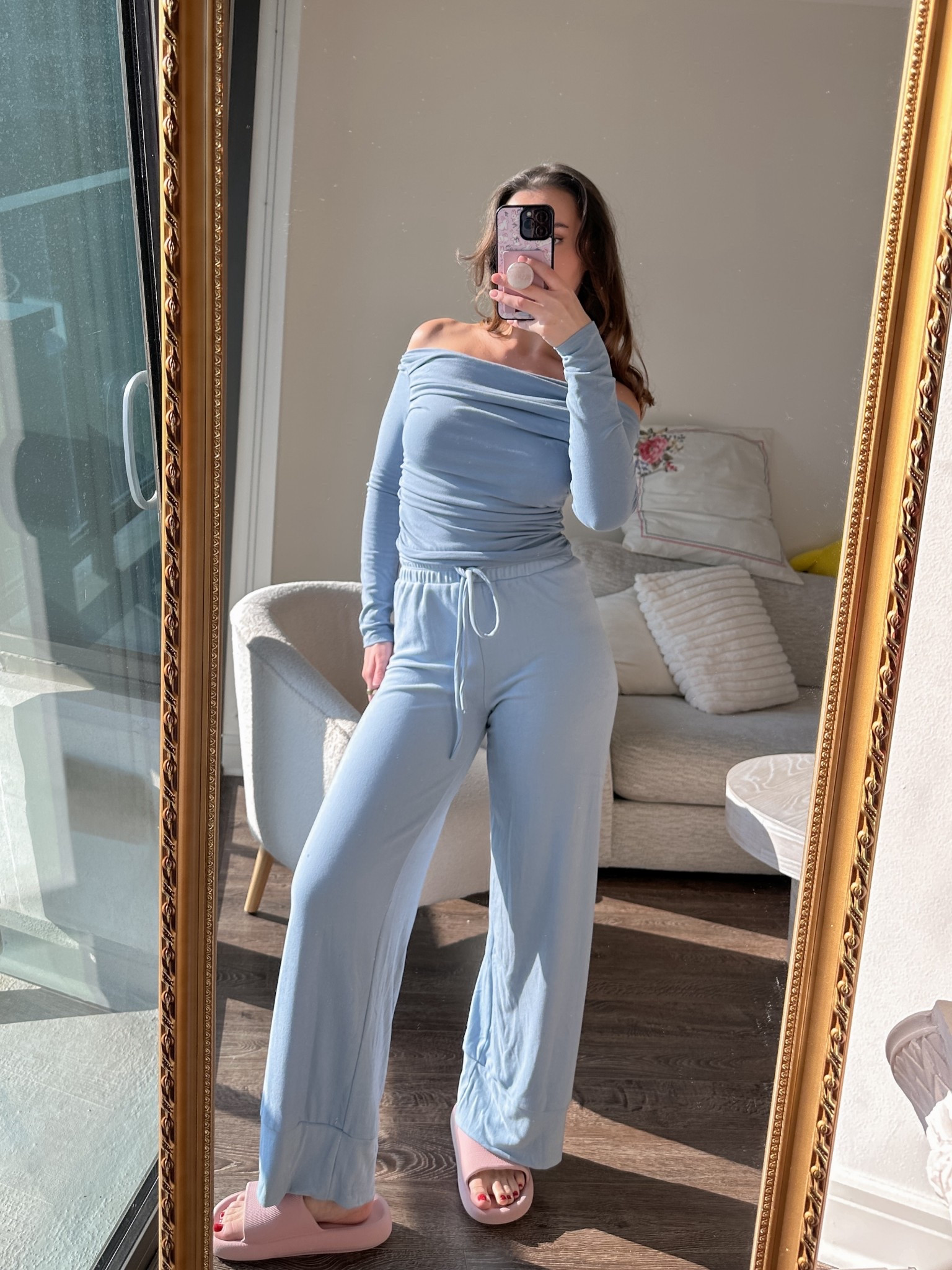 chill day at home outfit 🩵🫐🌊  

• off shoulder cotton top: amazon 
• wide leg sweatpants: part of a set from amazon
• pink puffy slides sandals: amazon - I love these as my home shoes so I don’t have to wear outside shoes around the house! 

[loungewear, what to wear lounging at home, pastel baby blue outfit, cornflower blue, aritzia look, affordable amazon finds, trendy fall lounge ootd, pajamas style] 

#LTKFindsUnder50 #LTKSaleAlert #LTKStyleTip
