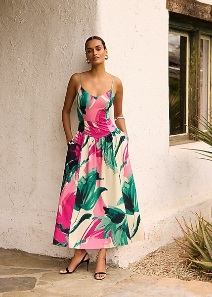 Poplin Printed V-Neck Drop Waist Midi Fit and Flare Dress with Pockets | Express