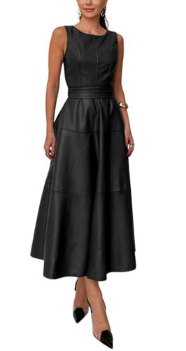 CHARTOU Women PU Faux Leather Sleeveless Elegant Flowy Long Dress Party Night Out Dress with Belt (Medium, Black) | Amazon (US)