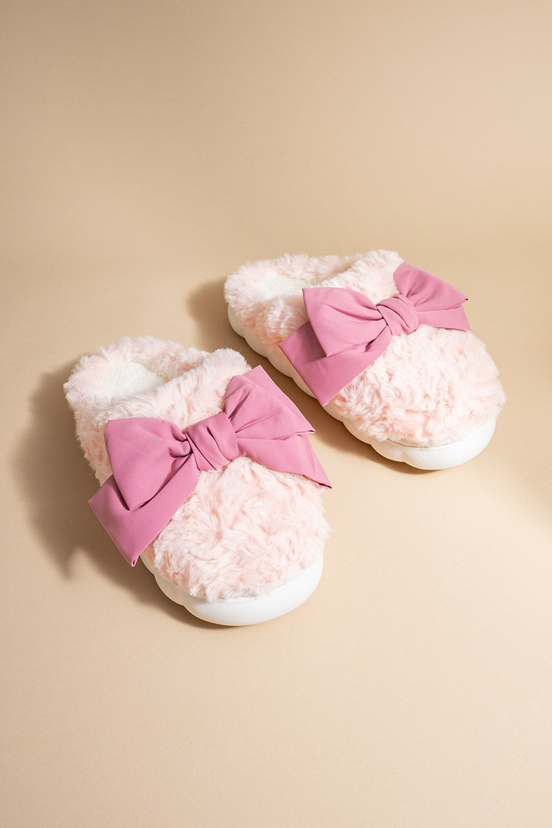 Sally Pink Bow Fuzzy Slippers | Francesca's