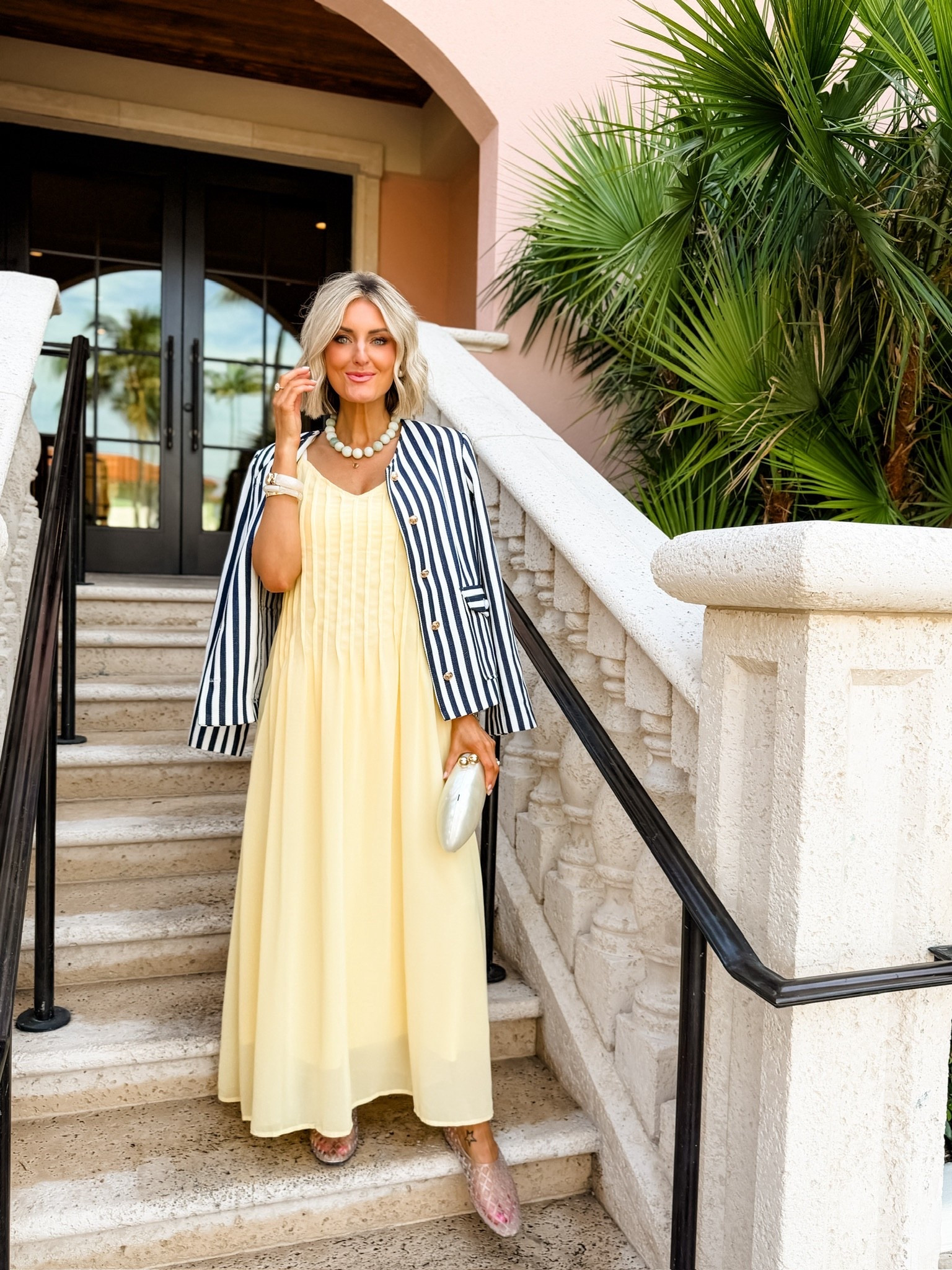 Amazon dress but make it elevated ✨ love how this look turned out! Wearing S in the dress & XS in the blazer. 

Loverly Grey, Palm Beach outfit ideas, Amazon find, Amazon fashion, Shopbop, striped blazer, yellow maxi dress, vacation dress, beach dress, spring break outfit ideas 

#LTKTravel #LTKSeasonal #LTKootd