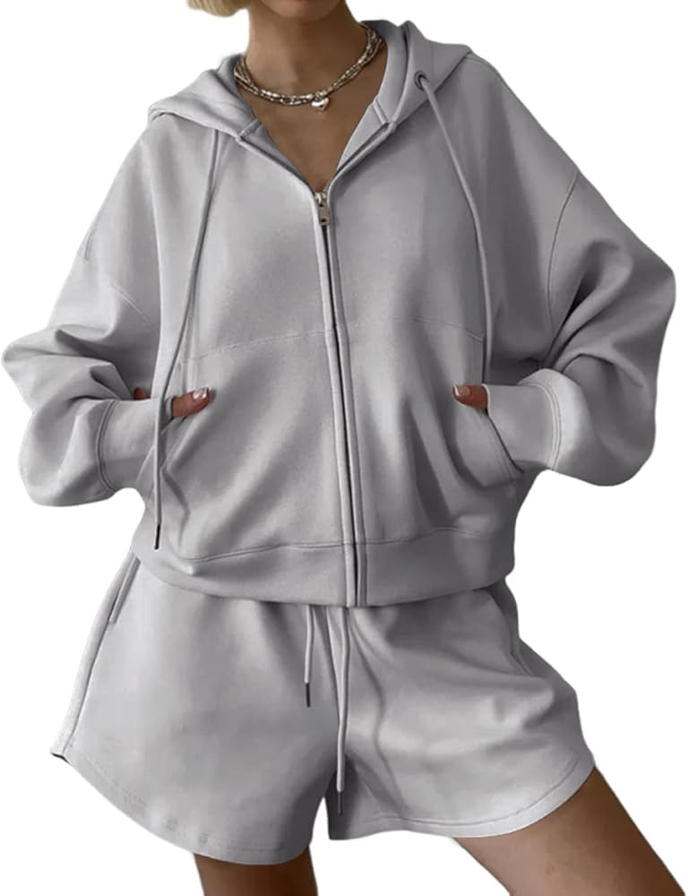 codcm Womens 2 Piece Outfits Zip Up Pocket Sweatshirt Drawstring Shorts Lounge Sweat Set | Amazon (US)
