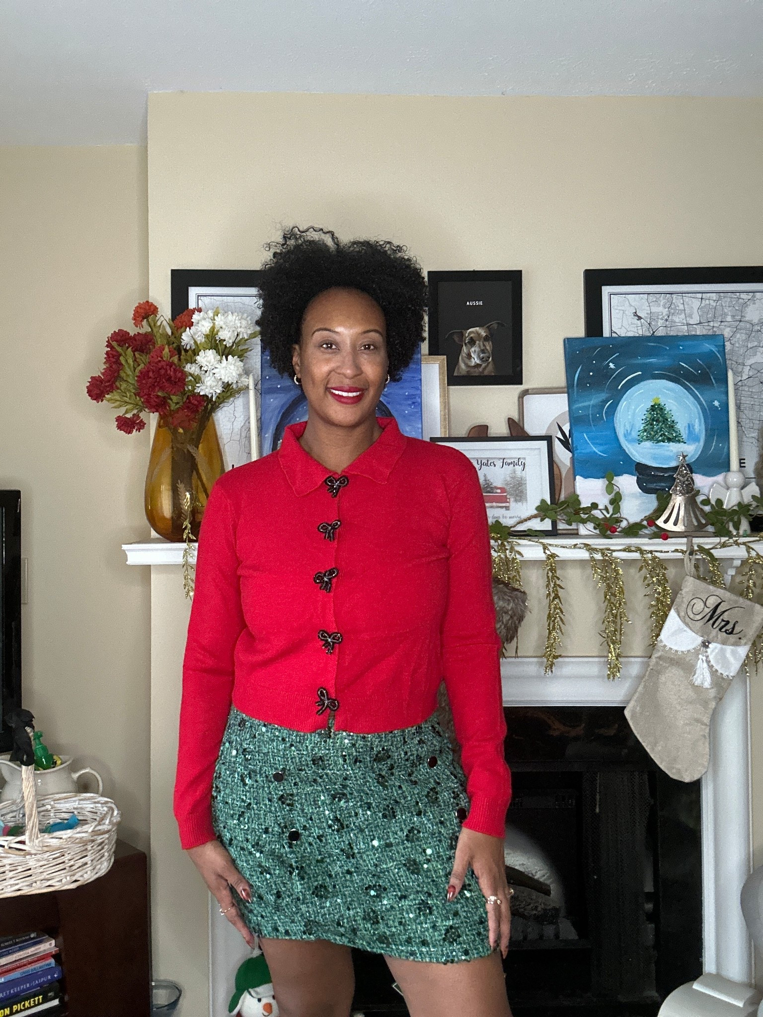 Holiday outfit | holiday sweater | tweed skirt | red sweater | green outfit | holiday inspo 

#LTKHoliday #LTKOver40 #LTKFindsUnder100