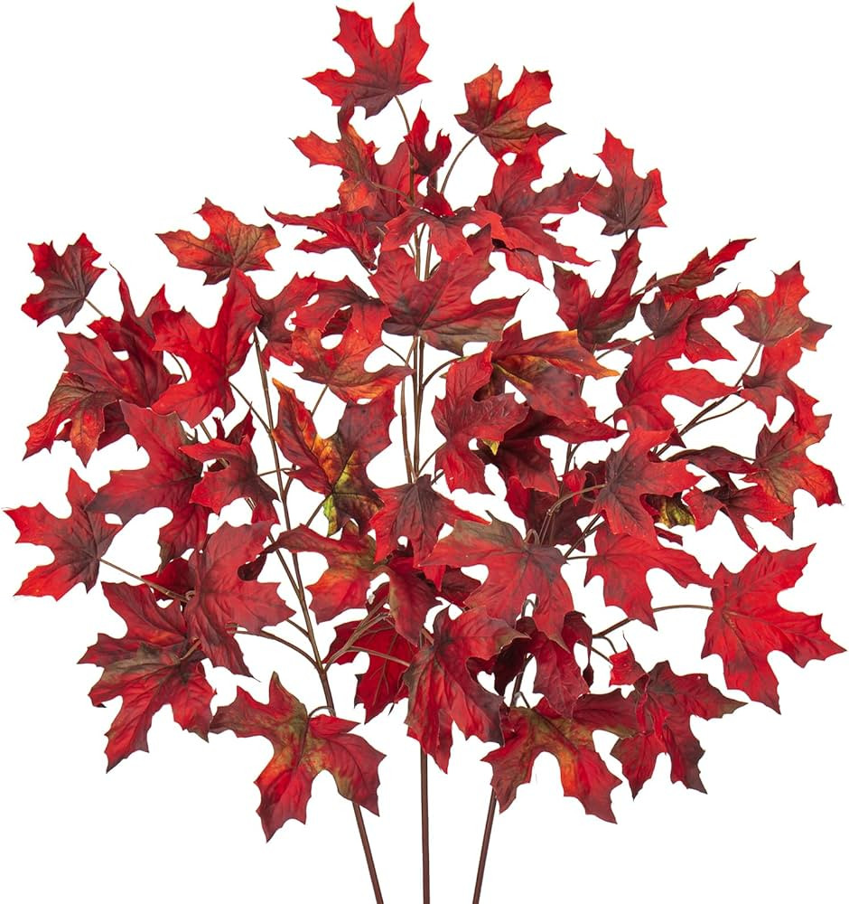 3PCS 32" Artificial Maple Leaf Fall Branches Faux Long Autumn Leaf Stems Fake Plants Burgundy Art... | Amazon (US)