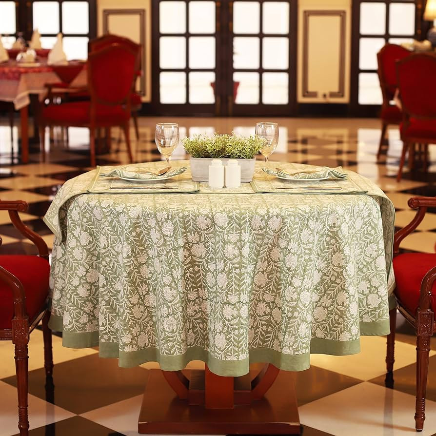 Labhanshi Sage Green Block Print Round Table Cloth|Indian Round Floral Cotton Table Cover 60 Inch... | Amazon (US)