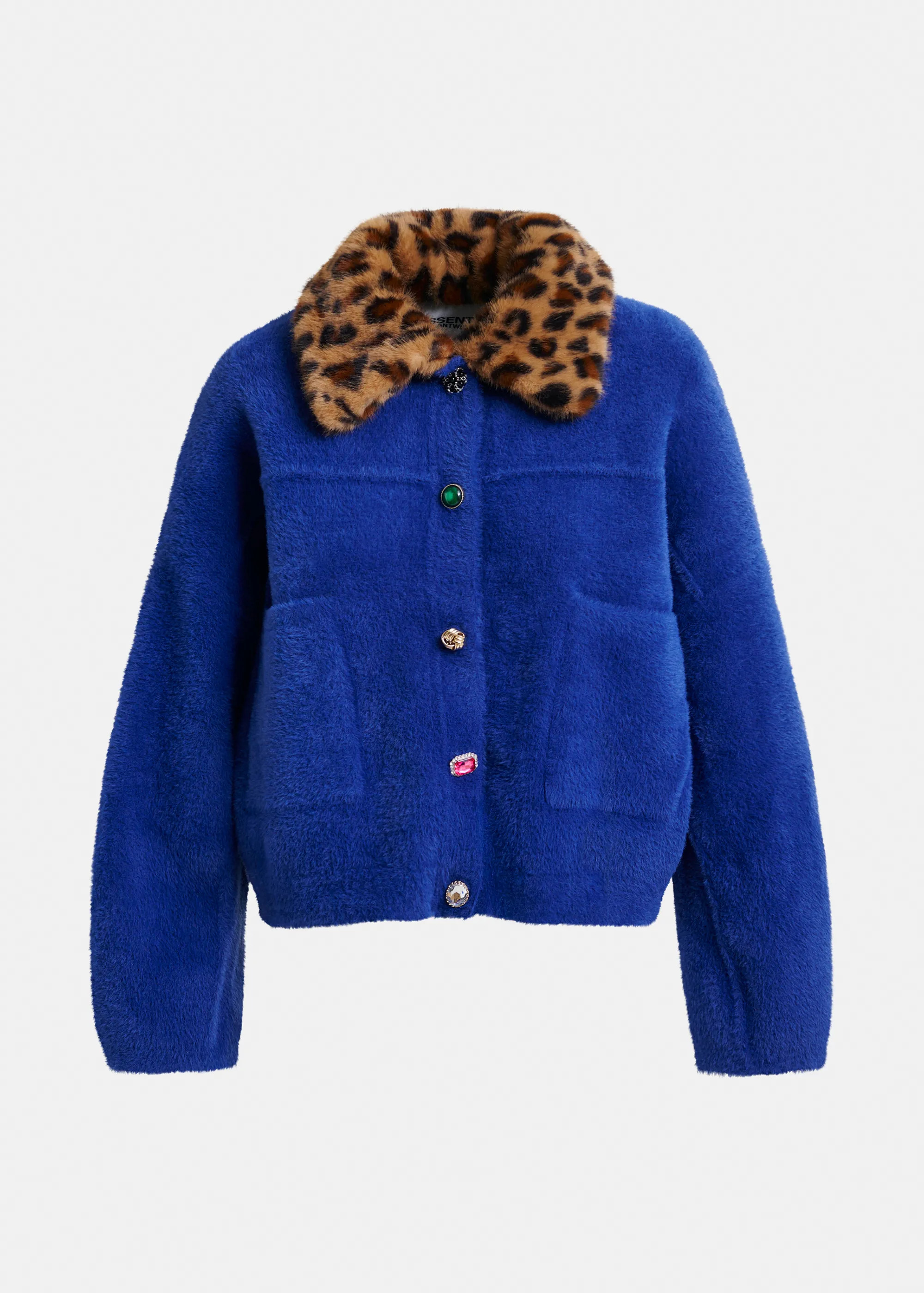 Blue cardigan with removable leopard faux fur collar | Essentiel Antwerp United States | Essentiel Antwerp