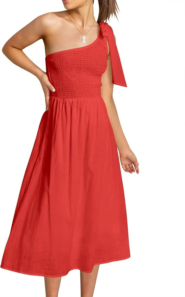 ANRABESS Women's Summer Casual Smocked Sundress One Shoulder Sleeveless Knot Flowy Bohemian Beach Mi | Amazon (US)