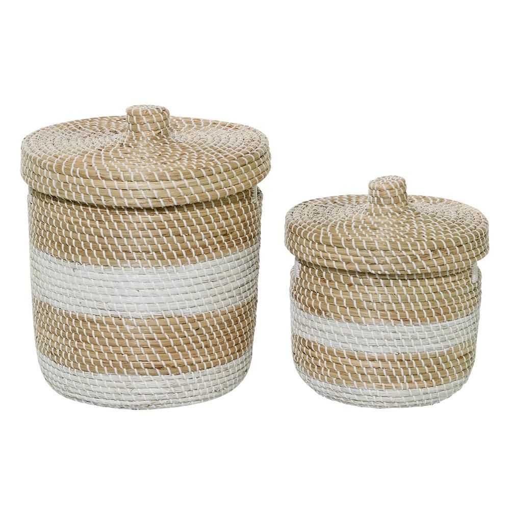 Litton Lane Small White And Natural Woven Striped Round Seagrass Basket With Lid, Set Of 2: 13in, 17 | The Home Depot