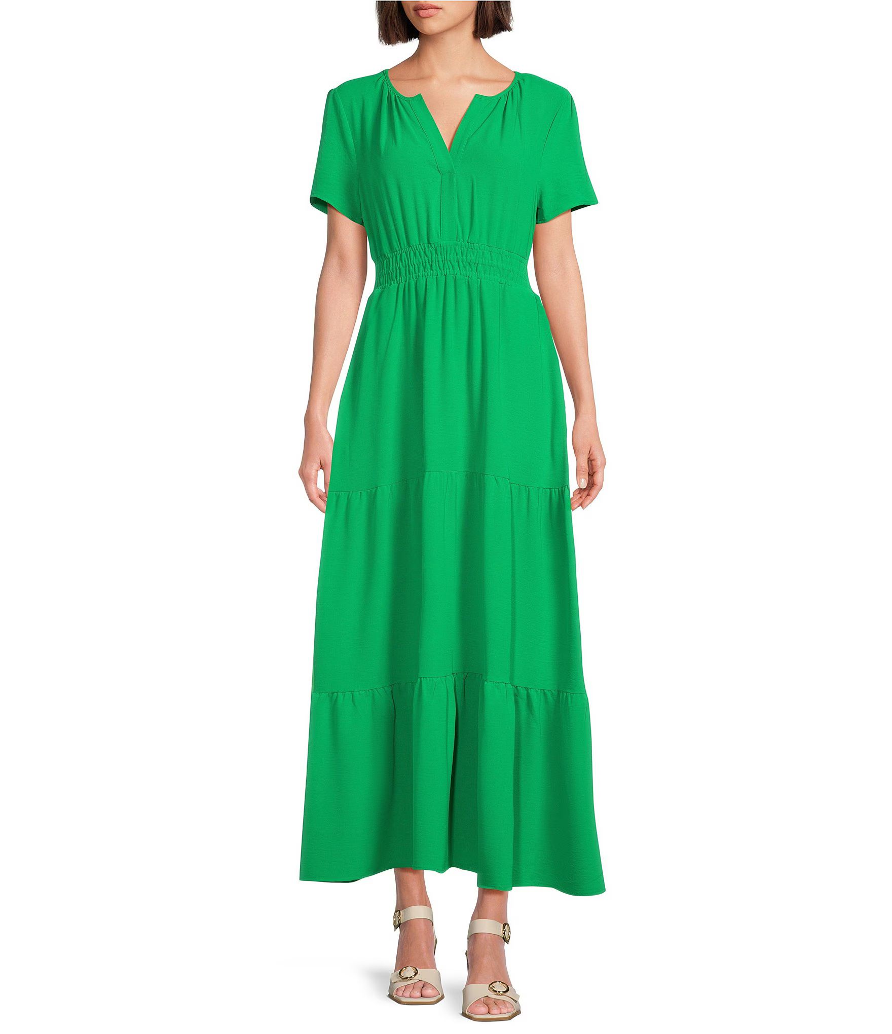 Short Sleeve Split V-Neck Tiered Skirt Smocked Waist Maxi Dress | Dillard's
