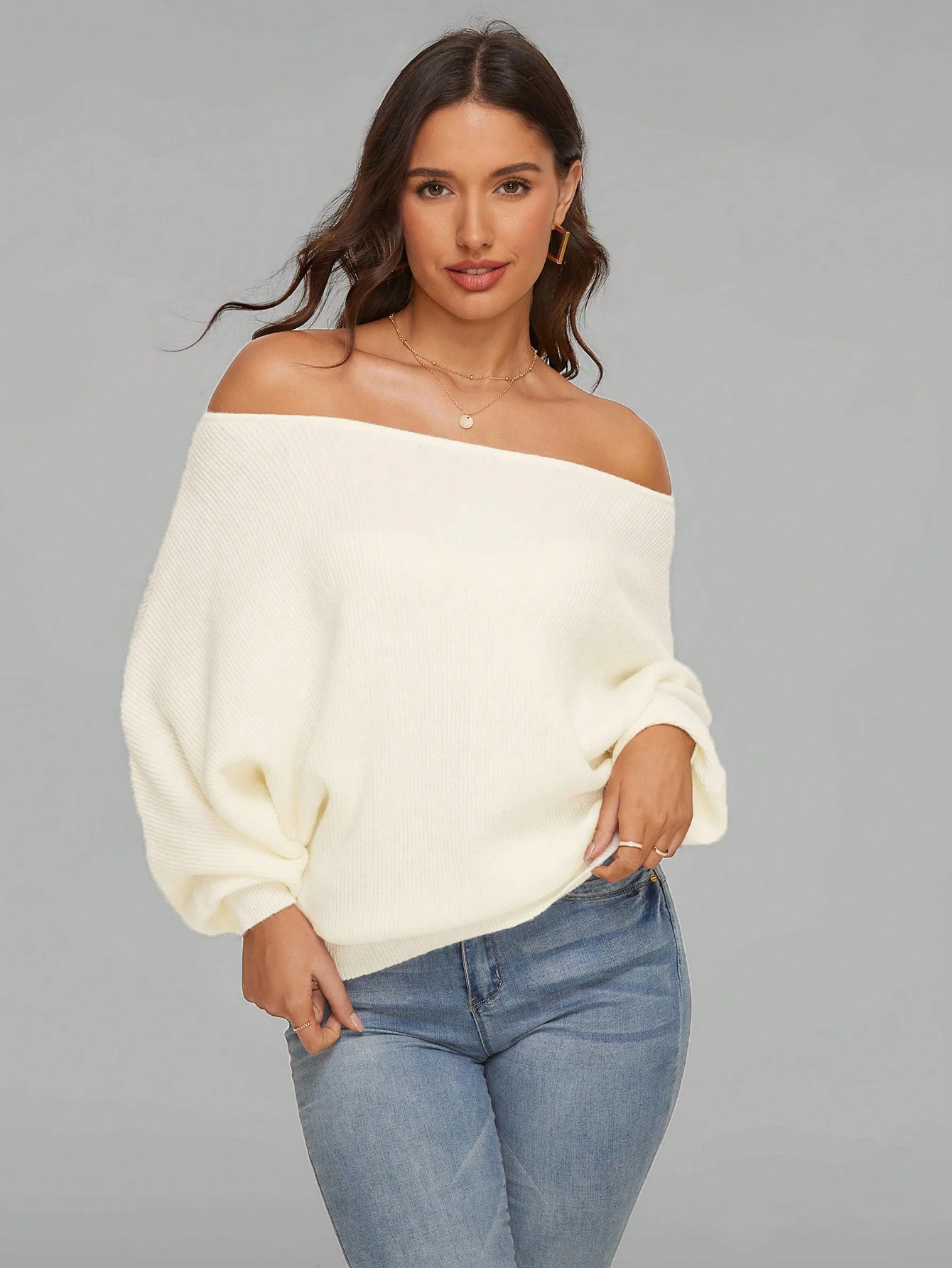 SHEIN Privé Off Shoulder Batwing Sleeve Ribbed Knit Sweater | SHEIN