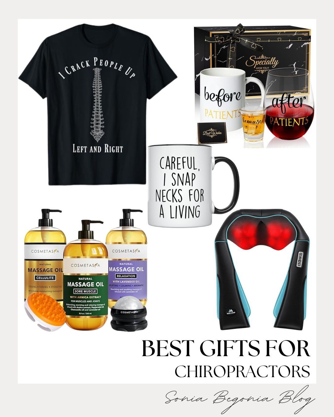 🦴 BEST GIFTS for Chiropractors: Fun, Funny, & Functional!

Find the perfect way to thank the chiropractor in your life with this collection of fun and thoughtful gifts, with most items under $50! 💙

We are obsessed with the humor of the "I Crack People Up Left and Right" T-shirt and the "Careful, I Snap Necks for a Living" mug. For relaxation after a long day of adjustments, they'll love the portable electric neck and shoulder massager! For the practice, the natural massage oil with Arnica extract is a must-have for sore muscles. Finish the gift with the hilarious "before patients" shot glass and "after patients" wine glass gift box set!

Shop these unique and practical presents for your favorite D.C.! ✨

#ChiropractorGifts
#GiftsForChiropractors
#Chiropractic
#ChiropractorLife
#MassageOil
#Arnica
#SoreMuscle
#NeckMassager
#ElectricMassager
#FunnyGifts
#MassageTools
#FirstResponder
#GiftsForHim
#GiftsForHer
#Under50
#LTKGiftGuide
#DoctorOfChiropractic


#LTKGiftGuide #LTKFindsUnder50 #LTKHoliday