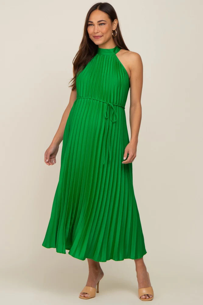 Green Pleated Maternity Halter Dress | PinkBlush Maternity