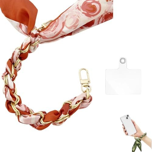 Handmade Phone Silk-wrap Wrist Lanyard with Tether Tab, Golden Metal Scarf Charm Strap, Charm Lig... | Amazon (US)