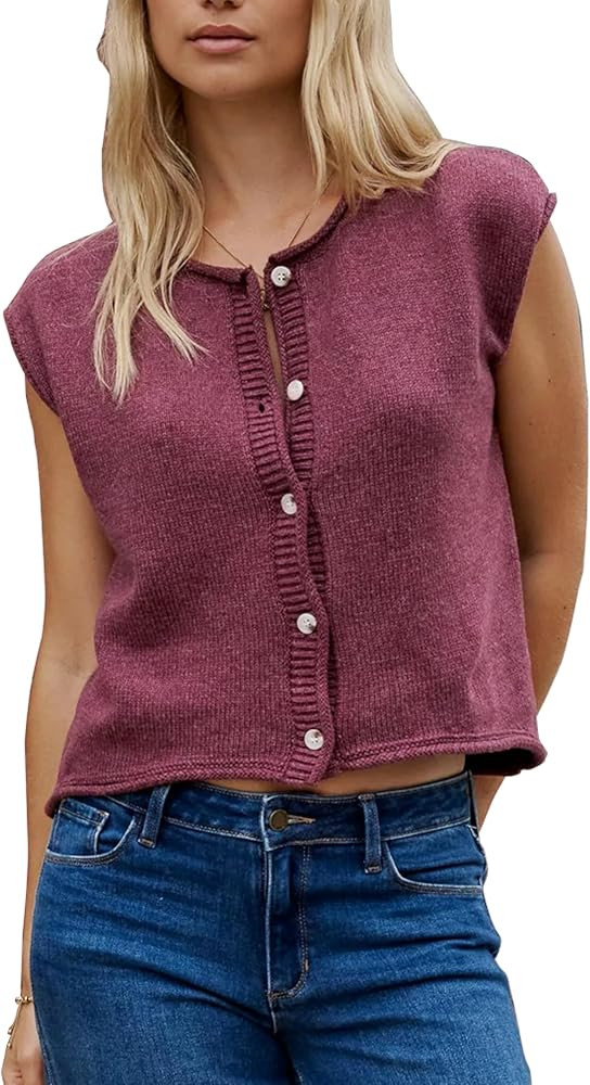 Womens Sleeveless Fall Sweater Vest Crewneck Button Down Cardigan Ribbed Knit Business Tank Tops | Amazon (US)