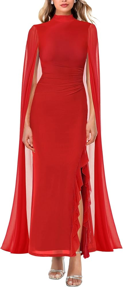 MAYFASEY Women's Formal Dresses Ruffle High Split Long Sleeve Mesh Ruched Bodycon Evening Party M... | Amazon (US)