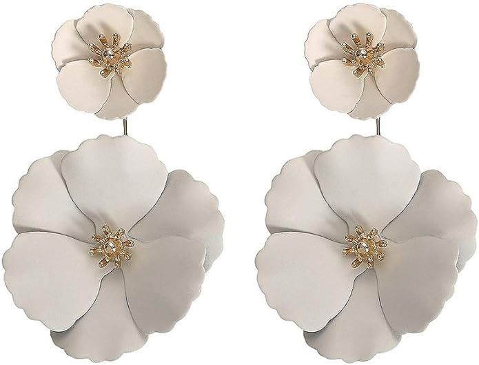 S925 Metal Matte Dual Flower Petal Tiered Earrings Pierced Garden Party Drop Dangle Earrings Deta... | Amazon (US)