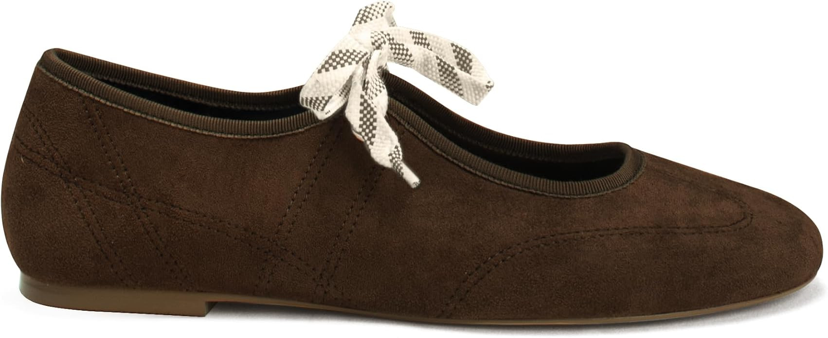 Lace up Ballet Flats for Women Round Toe Cute Slip on Soft Mary Jane Flats Casual Ballerina Shoes | Amazon (US)