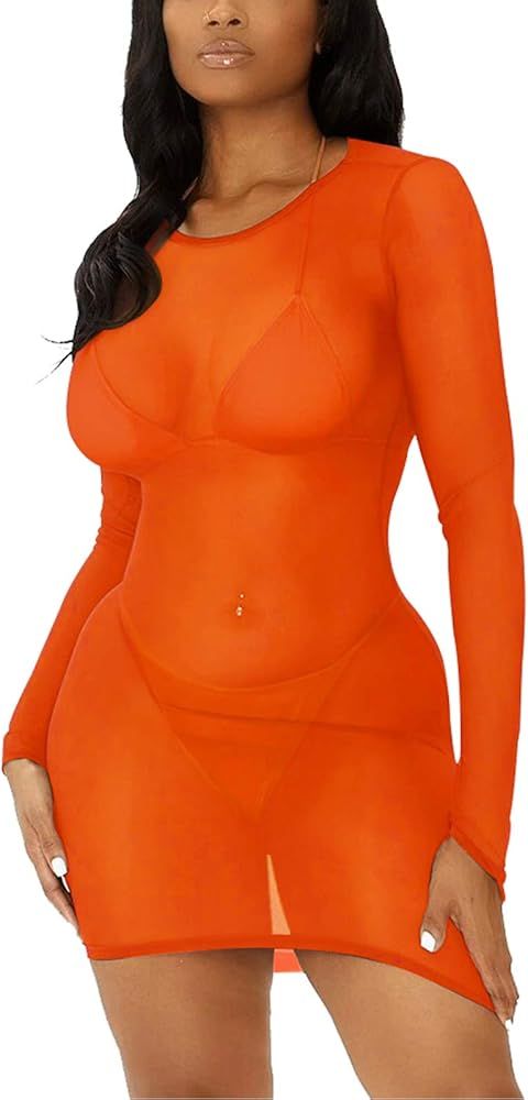 Sheer Cover Ups for Swimwear Women Adjustable Spaghetti Strap See Through Mesh Mini Dress | Amazon (US)