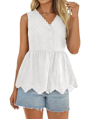 Simplee Womens Tank Top 2026 Summer Casual Babydoll Sleeveless Eyelet Embroidered V Neck Button D... | Amazon (US)