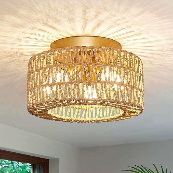 Rattan Light Fixtures Ceiling Mount, 3-Lights Boho Flush Mount Ceiling Light, Hand-Woven Cage Sha... | Amazon (US)