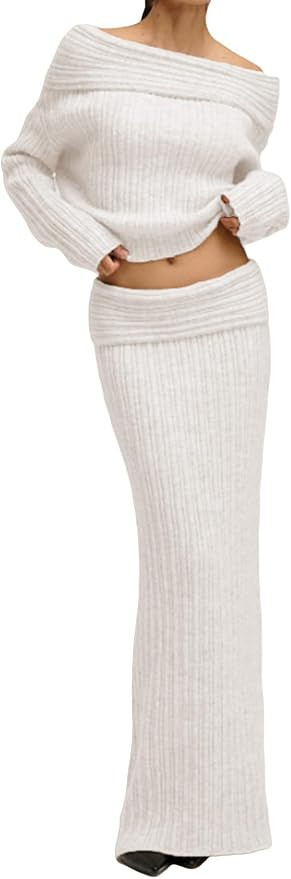 NRTHYE Women 2 Piece Sweater Sets Off The Shoulder Long Sleeve Top Bodycon Knitted Maxi Skirt Swe... | Amazon (US)