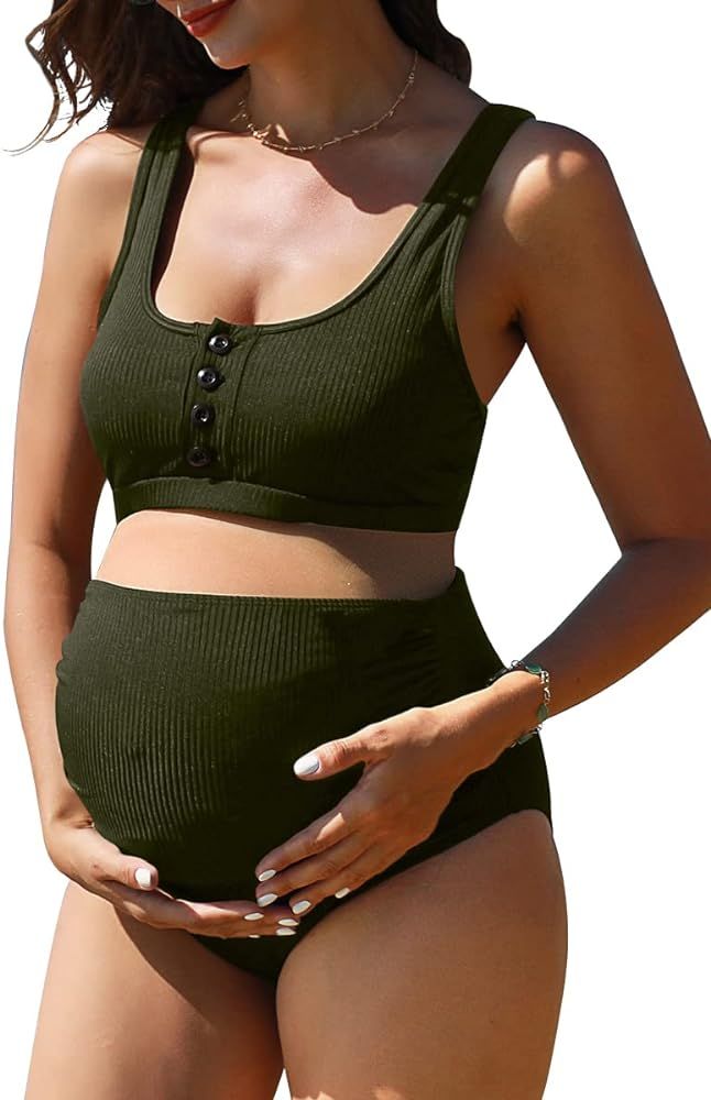 Summer Mae Maternity Ribbed High Waist Swimsuit Crop Top Bikini Bathing Suit High Cut Two Piece Preg | Amazon (US)