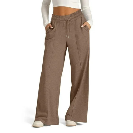 HAOTAGS Women's Loose Fit Sweatpants High Waisted Casual Solid Color Wide Leg Pants Brown L | Walmart (US)