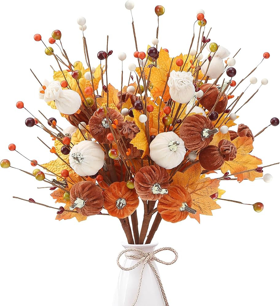 Sggvecsy Artificial Pumpkin Stems 4 Pcs Fall Flowers Fake Maple Leaves Stems Floral Arrangement A... | Amazon (US)