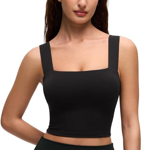 CRZ YOGA Butterluxe Wide Straps Square Neck Crop Tank Tops for Women - Padded Workout Yoga Longline Sports Bras Black X-Small | Amazon (US)