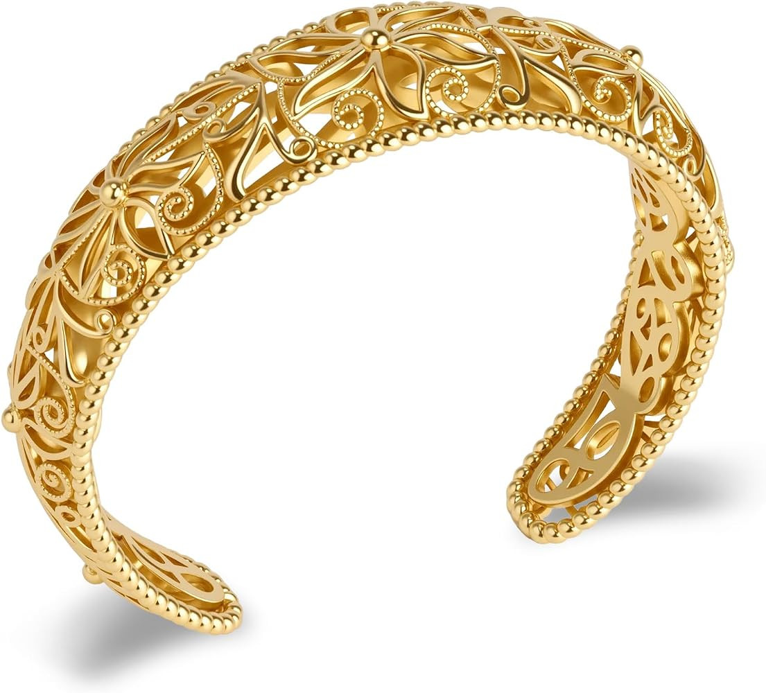 Intricate Floral Pattern Cuff Bracelet for Women - Sterling Silver Bangle, Bohemian Chunky Wide B... | Amazon (US)