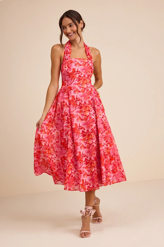 Conway Pink Floral Halter Midi Dress | Lulus