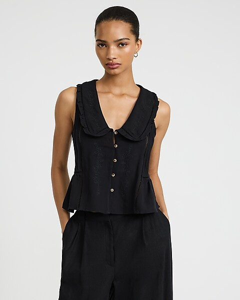 Embroidered Collared Button Front Pleated Tank | Express