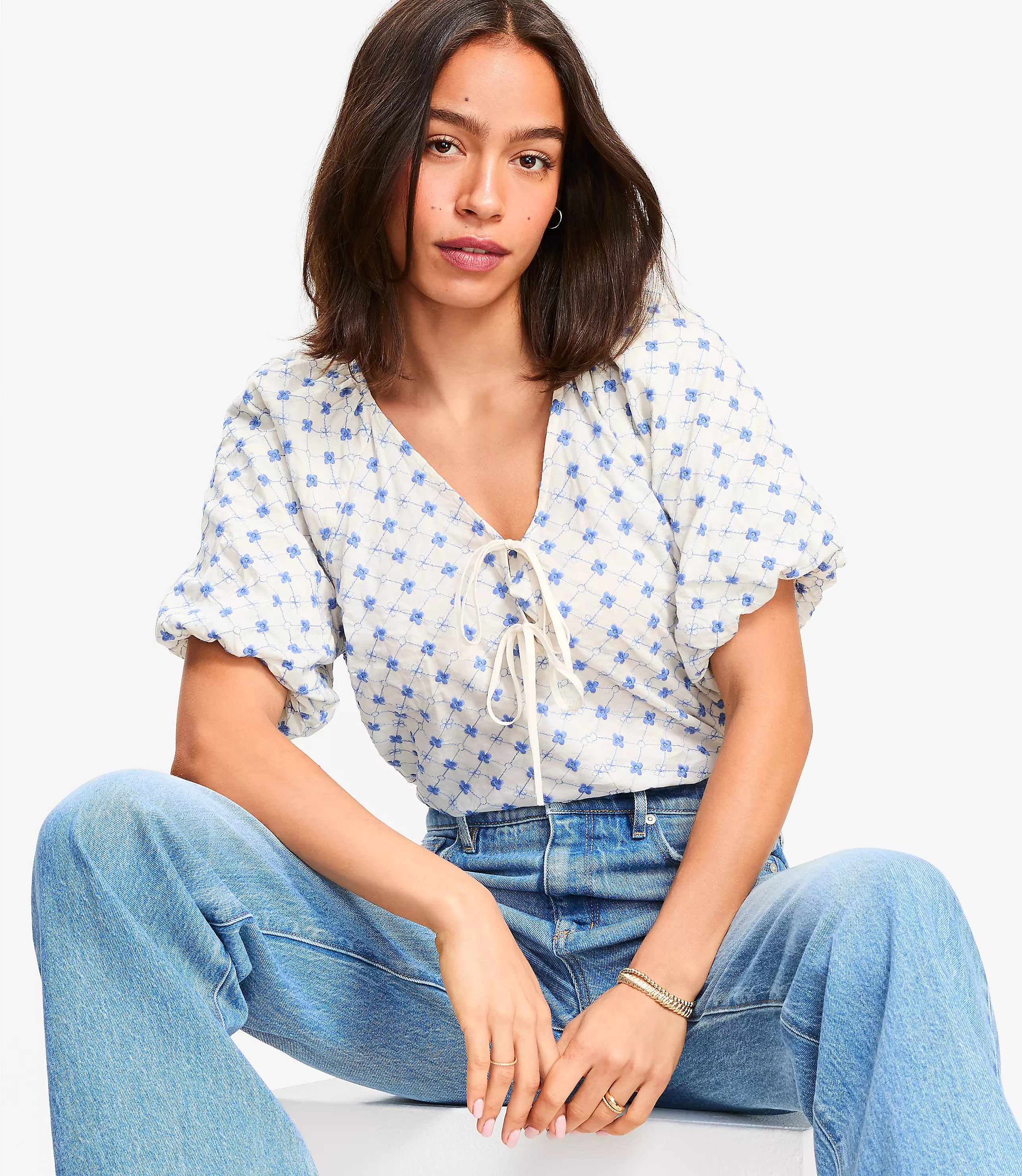 Floral Embroidered Bow Blouse | LOFT