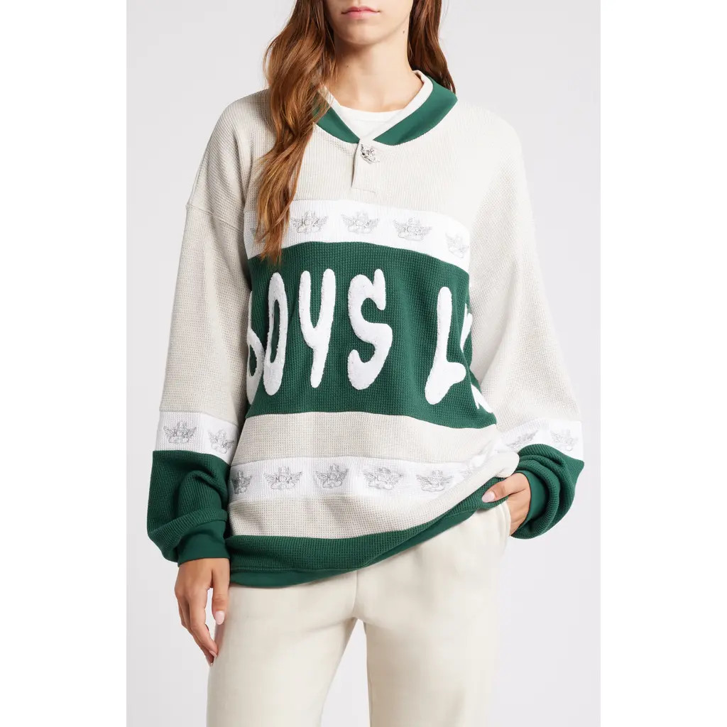 BOYS LIE Private School Logo Appliqué Thermal Henley Sweatshirt in Green at Nordstrom, Size X-Large | Nordstrom