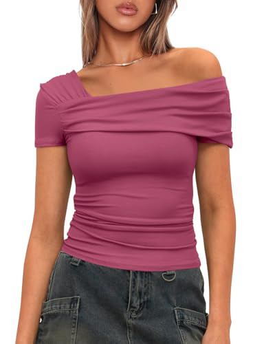 Darong Womens Summer Short Sleeves Shirts Asymmetrical Basic Fitted One Shoulder Tee Tops 9047 Hot Pink M | Amazon (US)