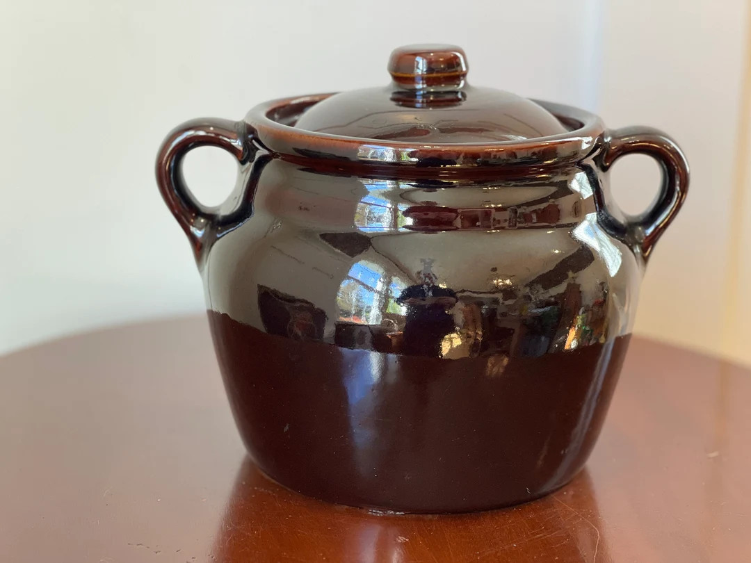 Vintage Brown Stoneware Baked Bean Crock or Pot With Handles Covered Jar With Lid Made in USA - E... | Etsy (US)